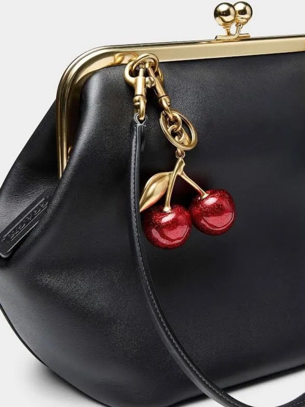 Bag Charm Gold Keychain Ring with Red Glitter Cherries